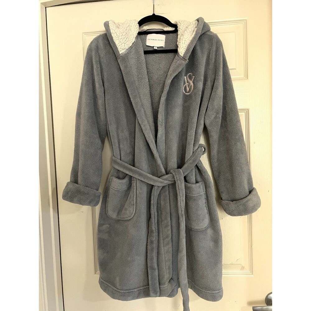 Victorias Secret Robe S Small Gray Plush Sherpa Hooded Cozy Fleece Shacket Spa